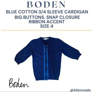 Price ⬇️ Boden Blue Cotton Cardigan Size 4 Big Buttons Ribbon, 3/4 sl, snaps